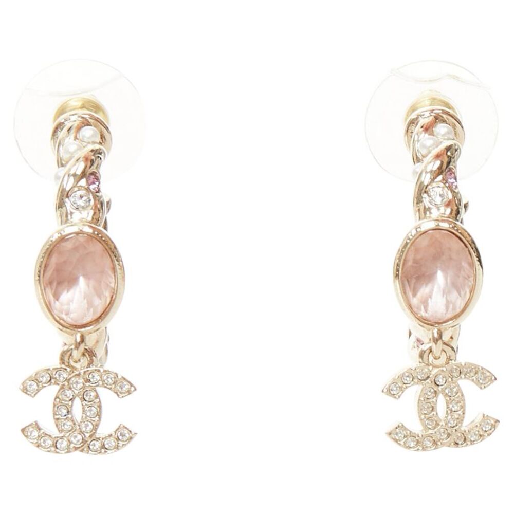 Chanel 2023 Pink Stone Twisted Chain Hoop Earrings